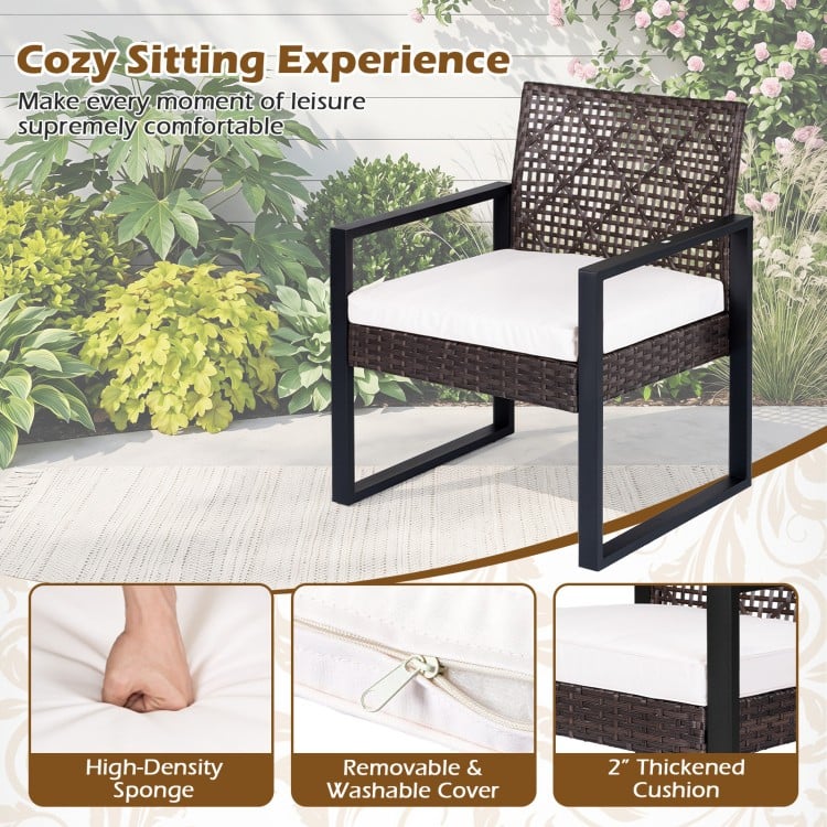 Wicker chair with removable cushion, featuring high-density sponge, for comfortable outdoor seating in brown and black.