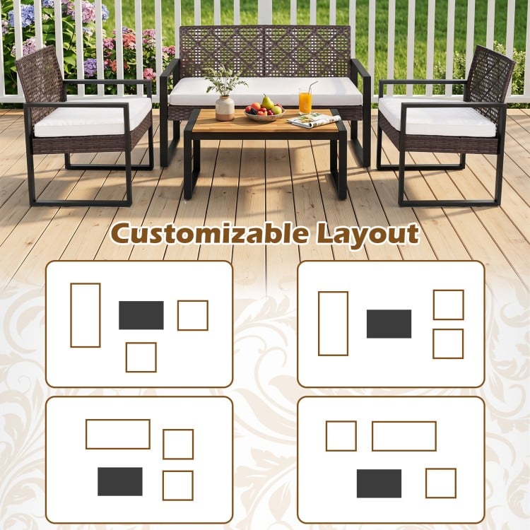 4-piece patio set featuring wicker chairs and acacia coffee table, customizable layout for backyard relaxation.