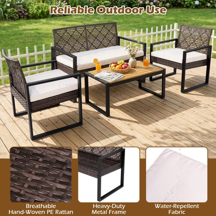 4-piece patio set featuring brown wicker chairs and an acacia coffee table, designed for comfortable outdoor use.
