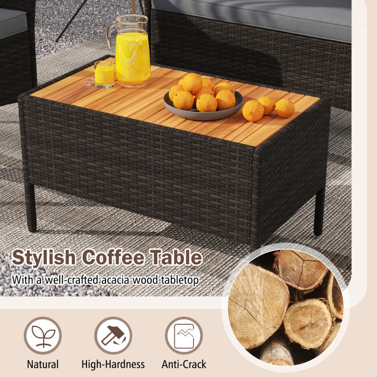 Stylish coffee table with acacia wood tabletop, part of a 4-piece patio wicker sofa set for outdoor relaxation.