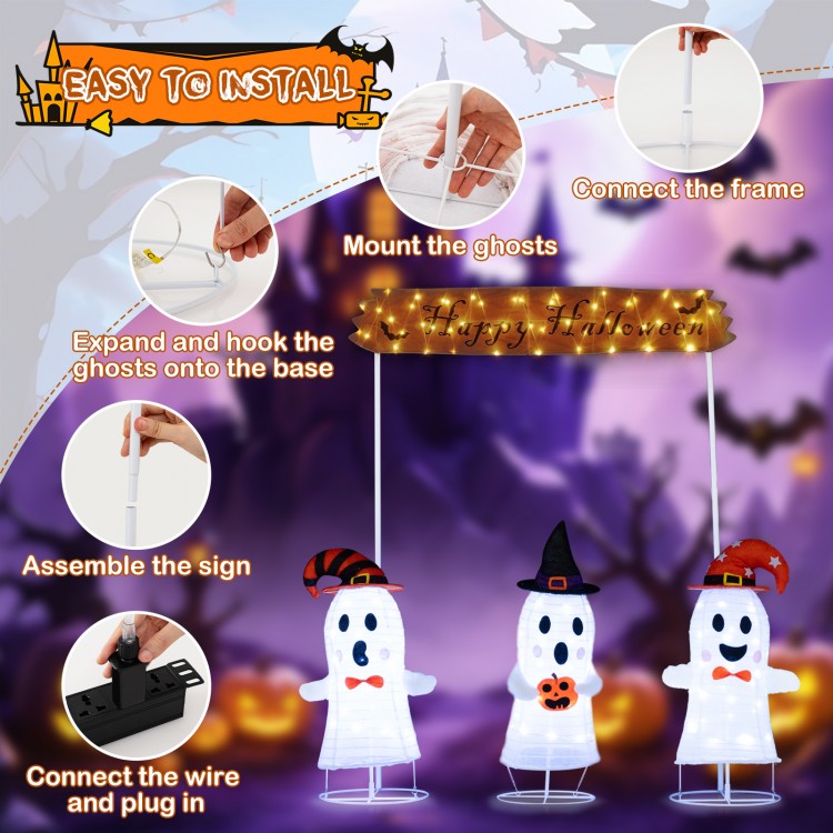 Three playful LED-lit ghosts with a "Happy Halloween" sign, perfect for outdoor decoration and easy to install.