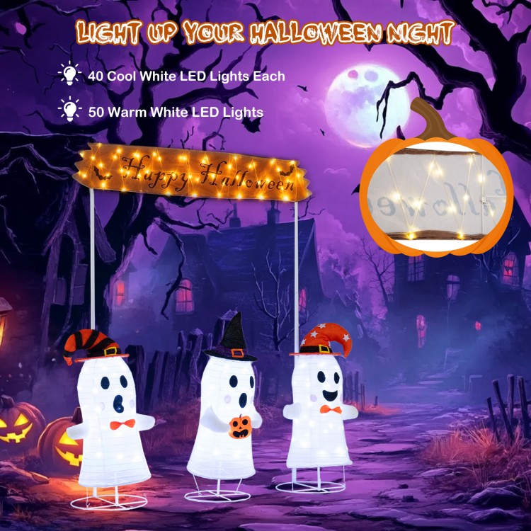 Close-up of a playful ghost decoration with 40 cool white LEDs, part of a Halloween set for festive outdoor displays.