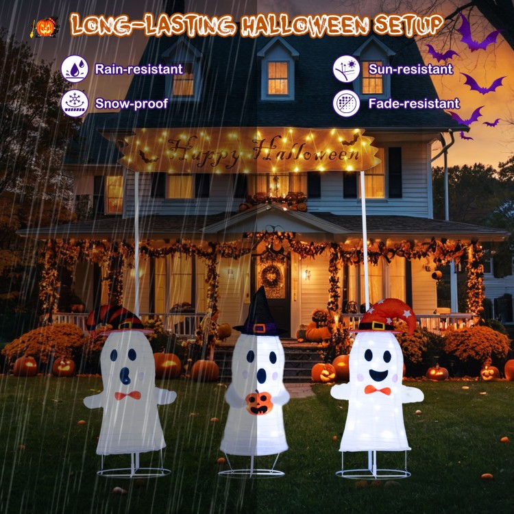 Four-piece Halloween decoration set featuring three LED-lit ghosts and a "Happy Halloween" sign for outdoor use.