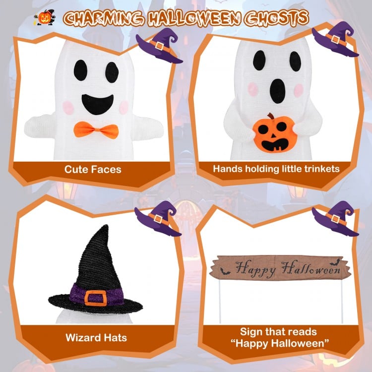 Set of 4 Halloween decorations featuring playful ghosts, LED lights, and a "Happy Halloween" sign for festive outdoor.