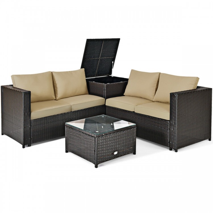 Sectional outdoor patio rattan furniture set with cushioned loveseat and storage box, ideal for garden or porch use.