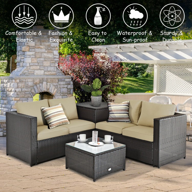 Sectional outdoor patio rattan furniture set with cushioned loveseat and storage box, ideal for garden or poolside use.