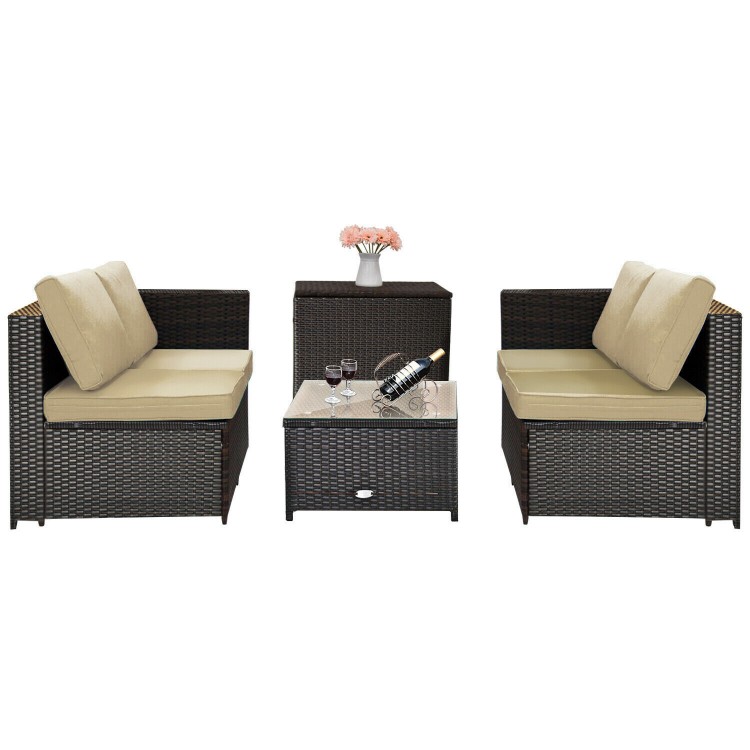 Outdoor patio rattan furniture set featuring cushioned loveseat and storage coffee table, ideal for garden relaxation.