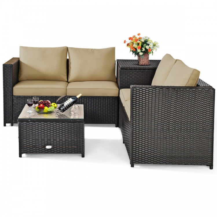 Sectional outdoor patio rattan furniture set in brown with cushioned loveseat and glass-top coffee table for versatile.