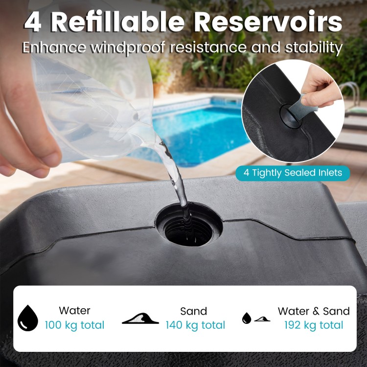 Close-up of the patio umbrella weight base showing refillable reservoirs for water and sand, ensuring stability and.