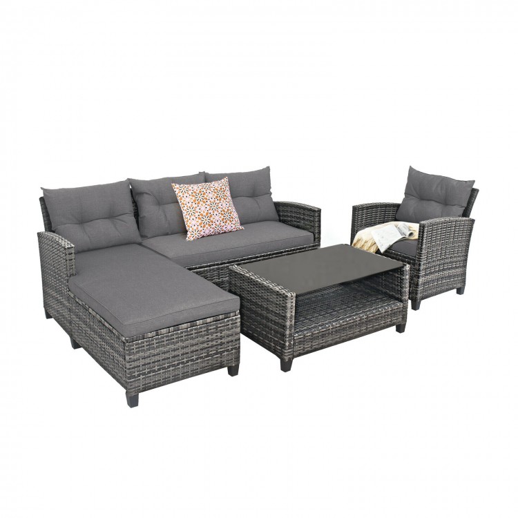 4-piece gray patio rattan furniture set with cushions and tempered glass coffee table, perfect for outdoor relaxation.