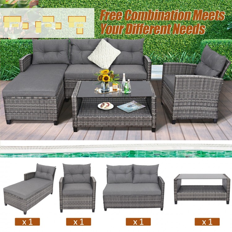4-piece gray patio rattan furniture set with cushions and table, perfect for backyard or poolside relaxation.