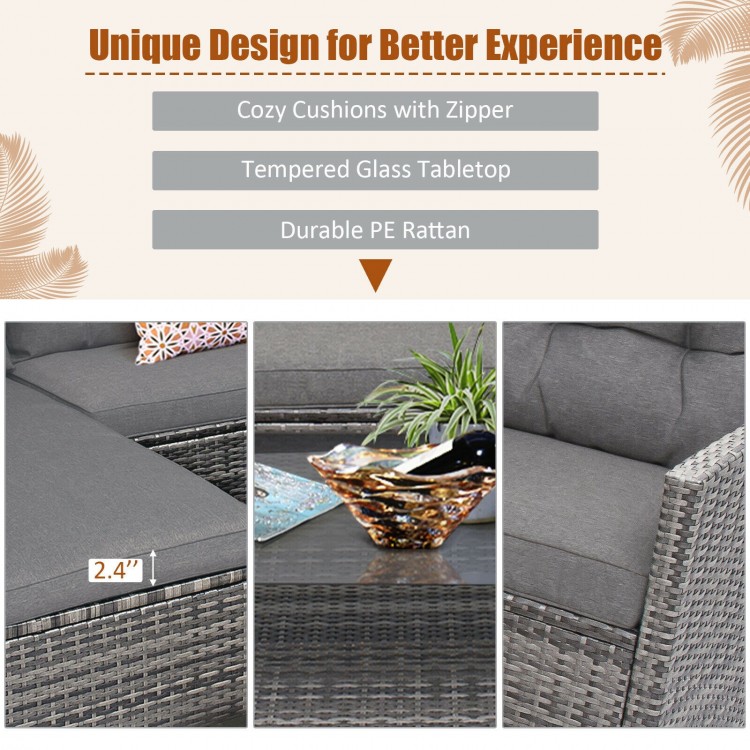 Cozy gray cushions with zipper on a 4-piece patio rattan furniture set, featuring a tempered glass tabletop for outdoor.