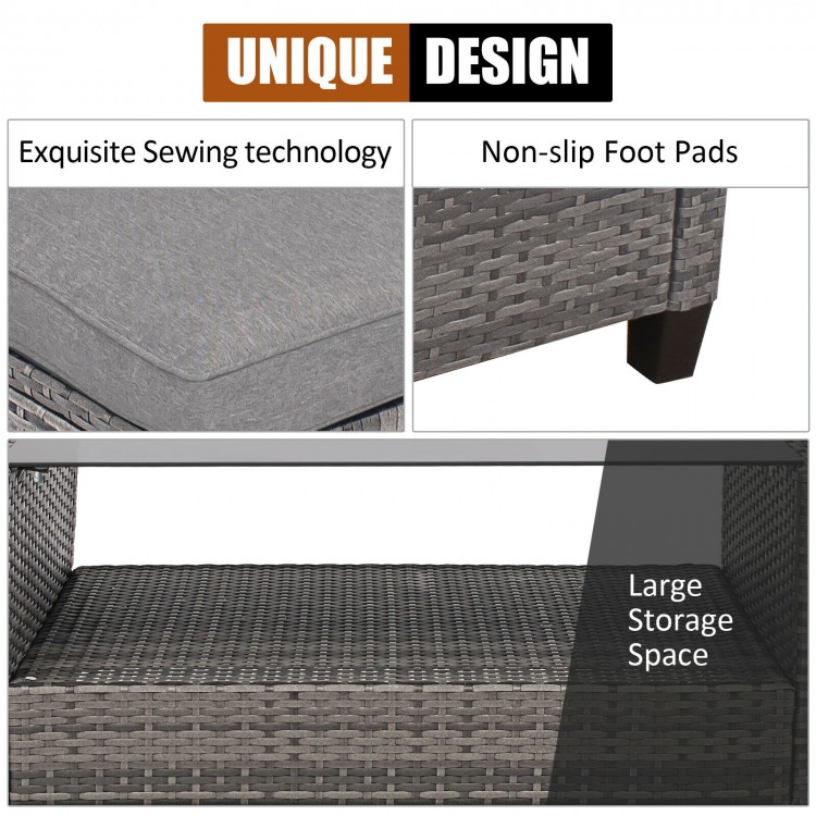 Detail of the 4-piece patio rattan furniture set showcasing the non-slip foot pads and large storage space underneath.