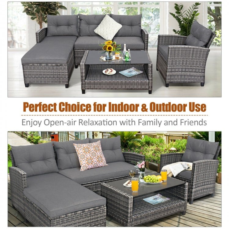 4-piece gray patio rattan furniture set with cushions and table, perfect for outdoor relaxation in any setting.