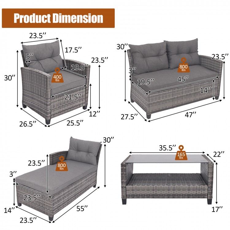 Dimensions of the 4 pieces patio rattan furniture set with gray cushions and coffee table for outdoor use.