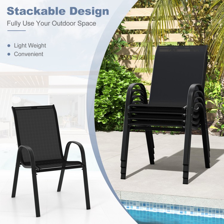 Stackable black patio dining chair set with ergonomic armrests, lightweight design, and breathable fabric for outdoor.