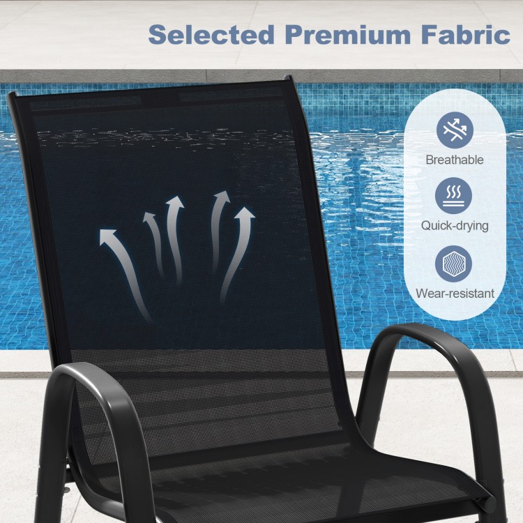 Black stackable patio dining chair with breathable fabric, ergonomic armrest, and lightweight design for easy movement.