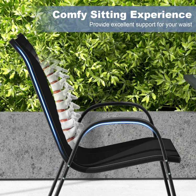 Side view of a stackable black patio dining chair with ergonomic armrest, designed for comfort and support.