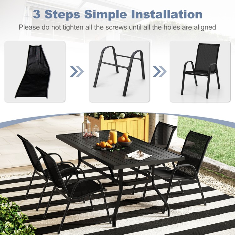 Stackable black patio dining chairs set with ergonomic armrests and breathable fabric, perfect for outdoor dining.