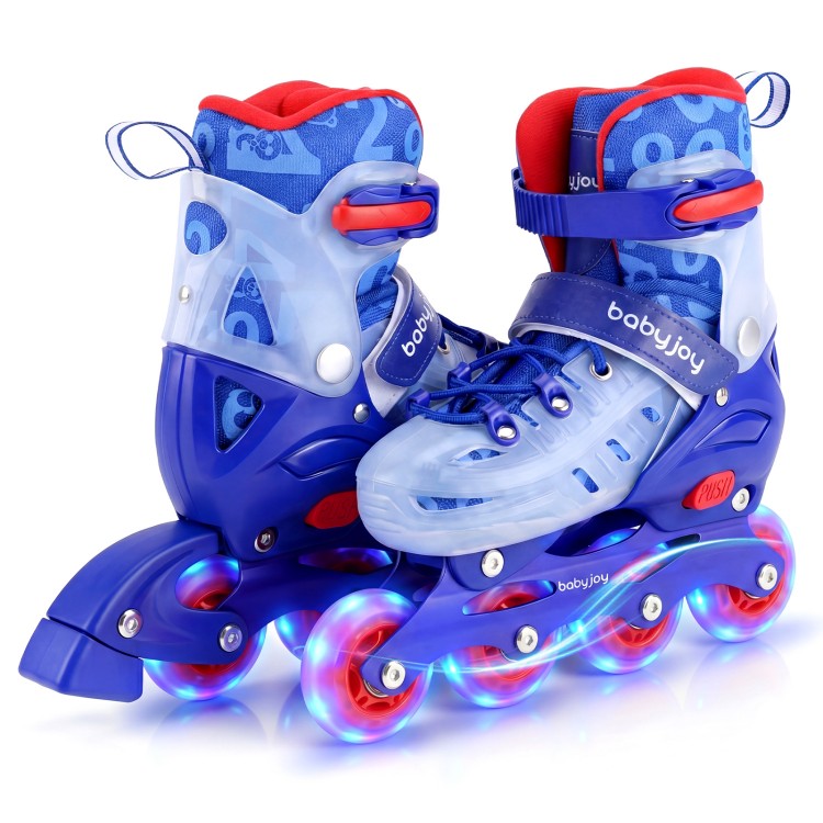 Adjustable blue kids inline skates with light-up wheels, breathable mesh lining, and secure ankle support for fun.