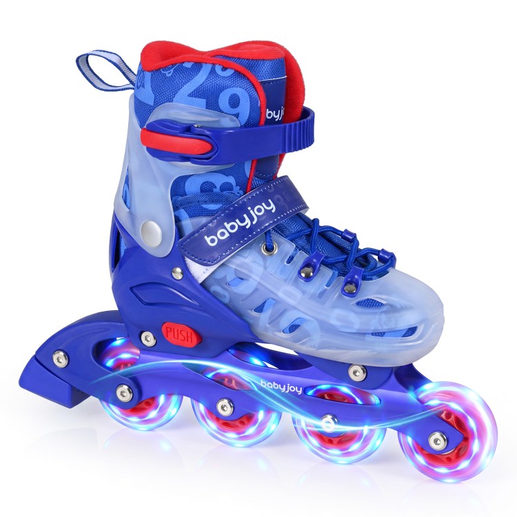 Adjustable blue kids inline skate with light-up wheels, featuring breathable mesh lining and secure ankle support.