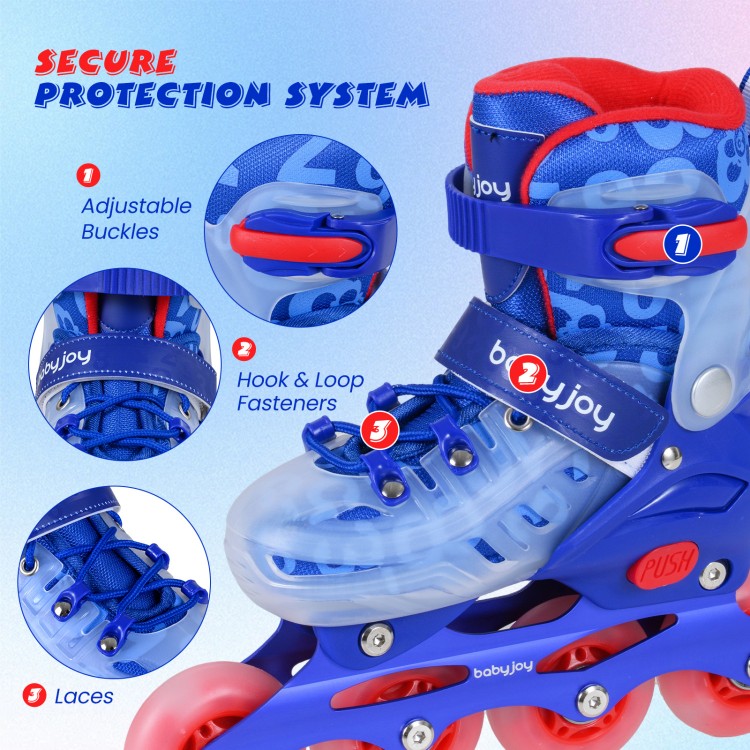 Adjustable blue inline skates with light-up wheels, featuring secure buckles and breathable mesh for kids' comfort.