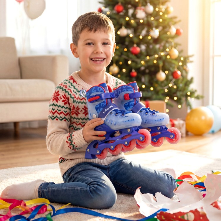 Kids inline skates in blue with light-up wheels, featuring adjustable size and secure ankle support for fun skating.