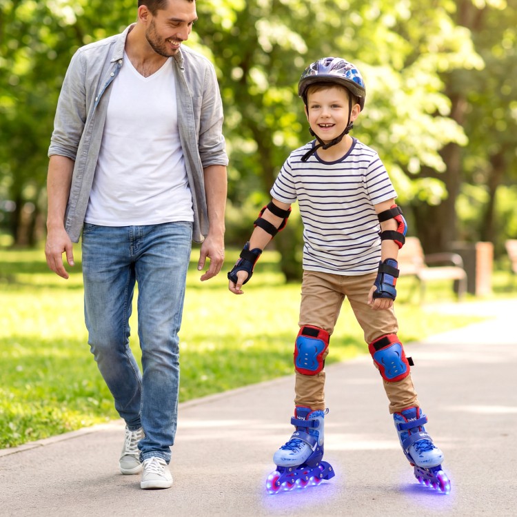Kids inline skates with light-up wheels, adjustable size, and breathable mesh lining for fun outdoor skating.