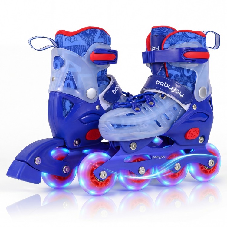 Adjustable blue inline skates for kids with glowing LED wheels, breathable mesh lining, and secure ankle support.
