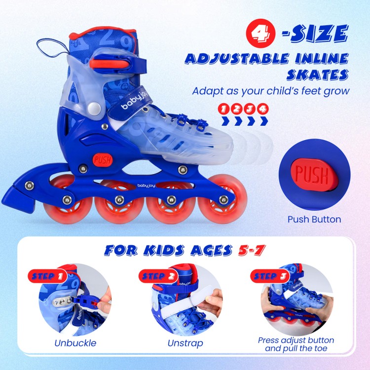 Adjustable blue inline skates for kids ages 5-7 featuring glowing LED wheels and secure ankle support for fun skating.