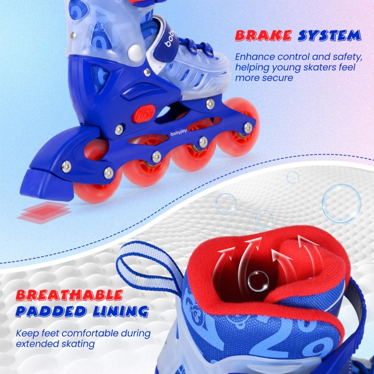 Adjustable blue kids inline skates featuring breathable padded lining and upgraded brake system for enhanced safety.