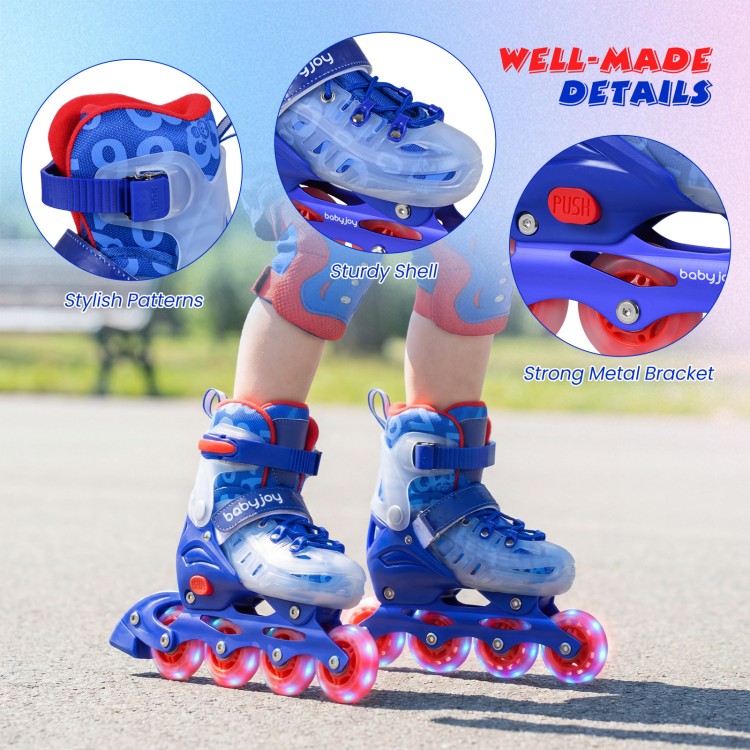 Adjustable blue inline skates for kids with glowing wheels, secure buckles, and stylish patterns for fun and safety.