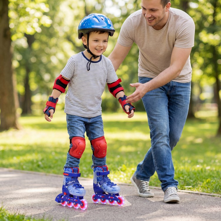 Kids inline skates in blue with glowing wheels, adjustable size for ages 5-7, perfect for outdoor fun and balance.