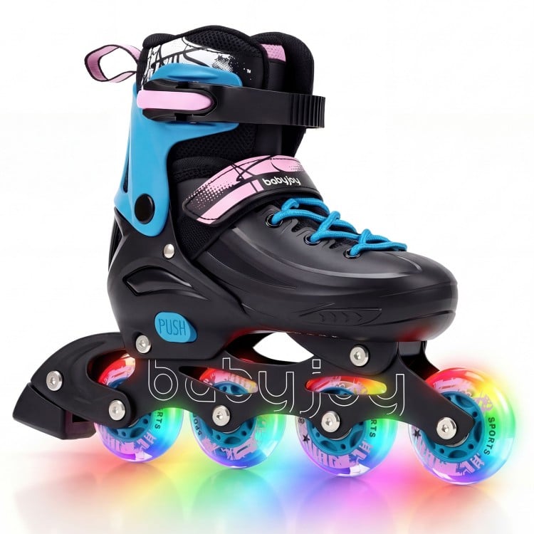 Adjustable black inline skates for toddlers with light-up wheels, featuring secure ankle support and shock-absorbing.