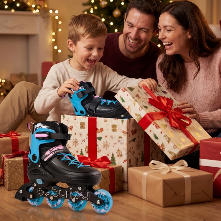 Adjustable black inline skates for toddlers with light-up wheels, perfect for ages 5-7, shown with festive gifts.