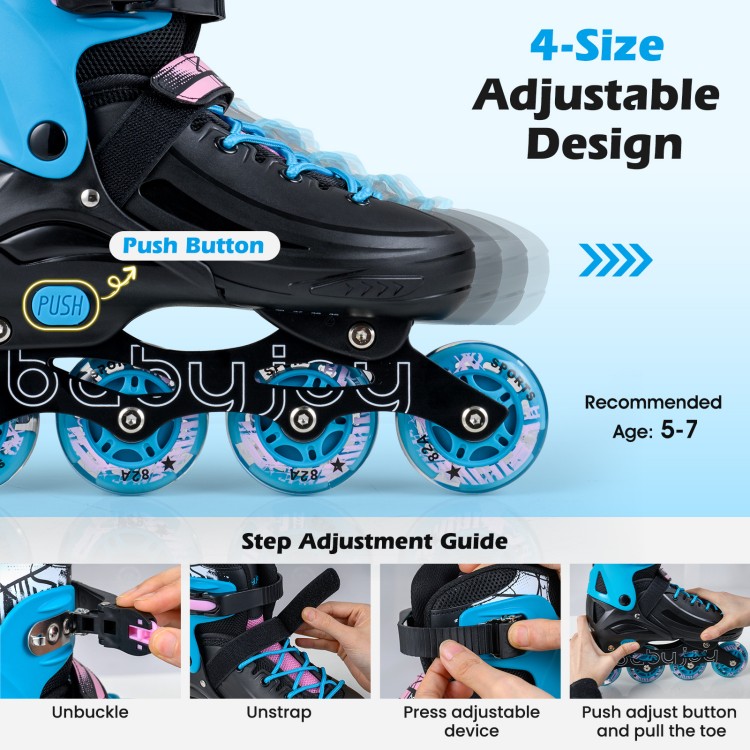 4-size adjustable inline skates for toddlers, featuring light-up wheels, secure fit, and breathable mesh lining for.