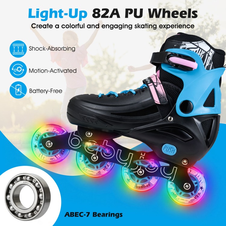 Adjustable black inline skates for toddlers with light-up 82A PU wheels, featuring secure ankle support and ABEC-7.