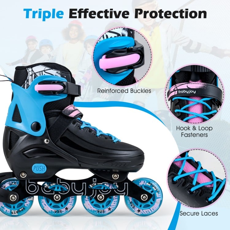 Adjustable black inline skates for toddlers with light-up wheels, secure laces, and reinforced buckles for safety.