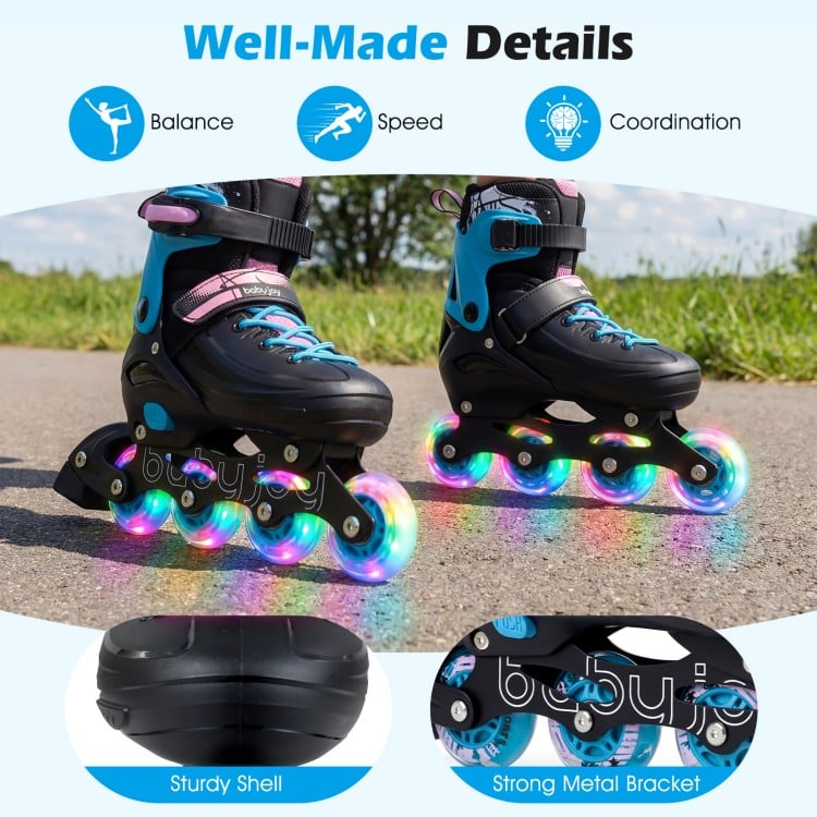Adjustable black inline skates for toddlers with light-up wheels, featuring a sturdy shell and strong metal bracket for.