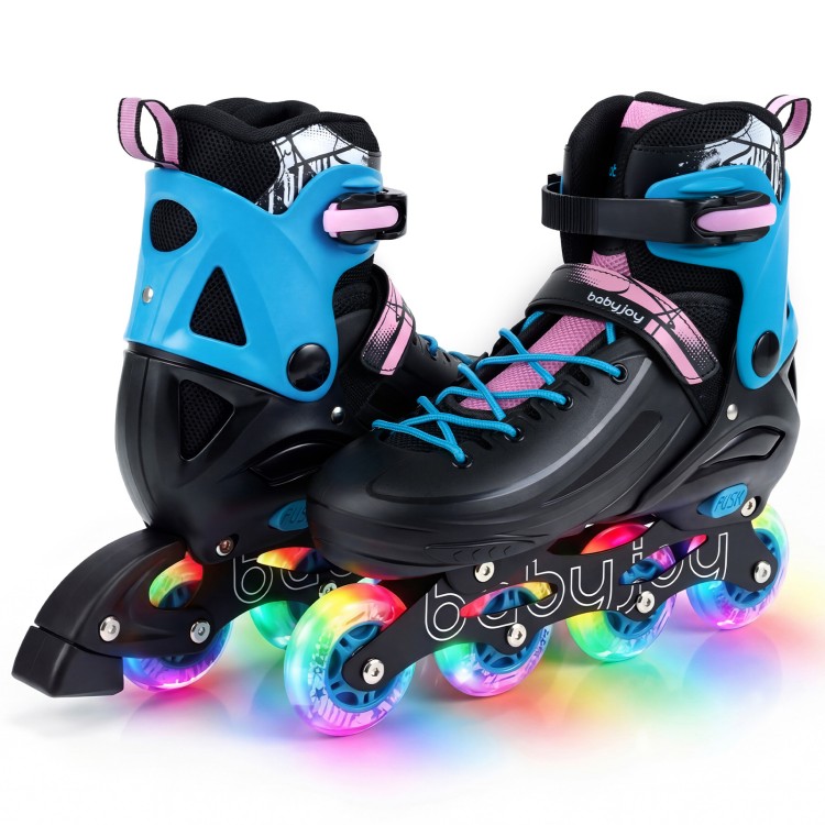 Adjustable black inline skates for kids with light-up wheels, featuring secure ankle support and breathable mesh lining.
