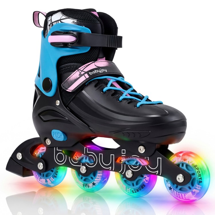 Adjustable black inline skates for kids with light-up wheels, designed for ages 7-9, featuring secure ankle support.