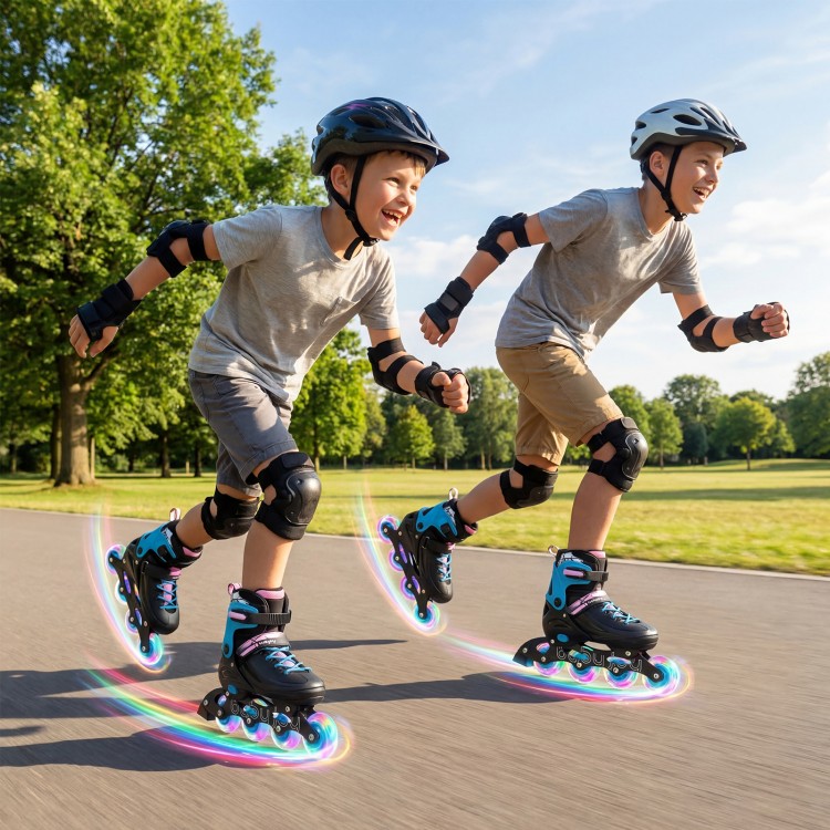 Two kids skating on adjustable light-up inline skates in a park, showcasing motion-activated LED wheels and protective.