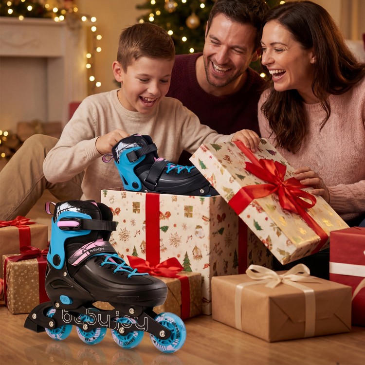 Kids inline skates with adjustable size and light-up wheels, perfect for ages 7-9, shown with festive holiday gifts.