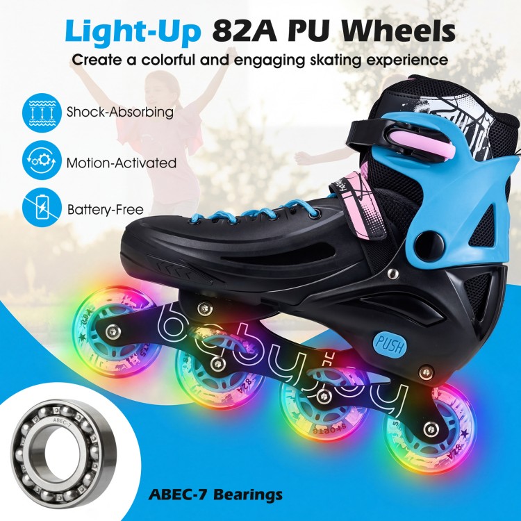 Adjustable black inline skates with light-up 82A PU wheels, designed for kids ages 7-9, promoting balance and.