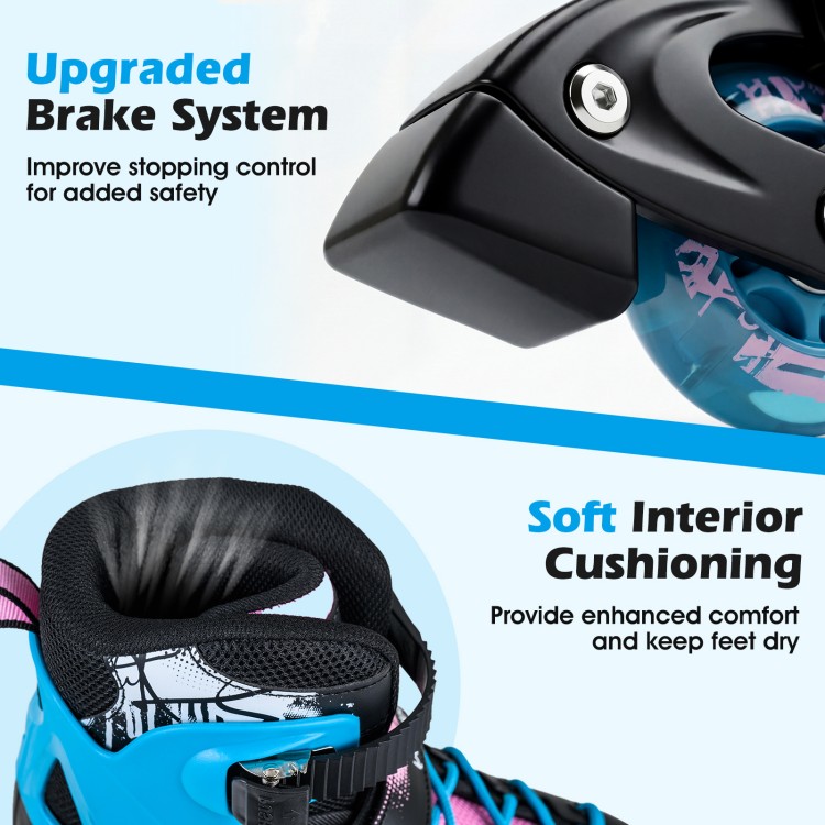 Close-up of upgraded brake system and soft interior cushioning on adjustable light-up kids inline skates for comfort.