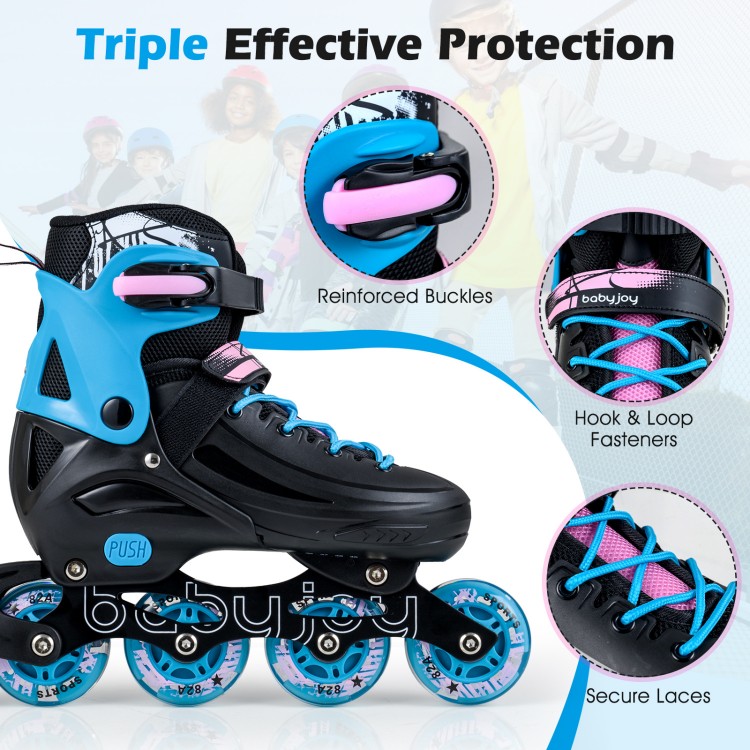 Adjustable black inline skates for kids with LED wheels, reinforced buckles, and secure laces for safe skating.