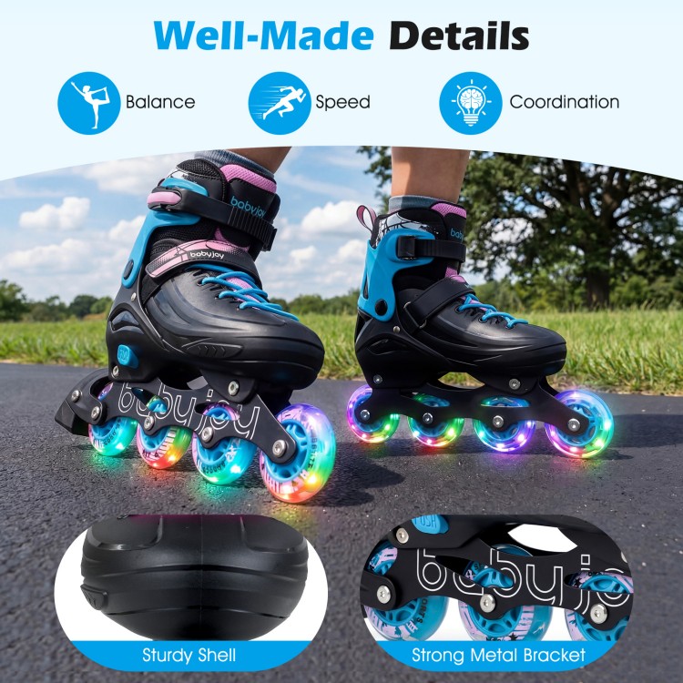 Kids' adjustable inline skates in black with light-up wheels, designed for ages 7-9, enhancing balance and coordination.