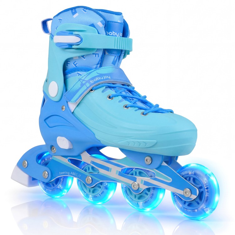 Blue adjustable inline skates for kids with glowing LED wheels, featuring a secure fit and shock-absorbing wheels.