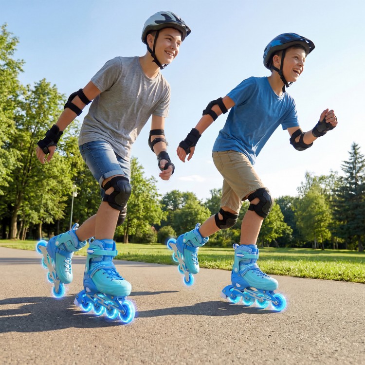 Kids wearing blue adjustable inline skates with light-up wheels, enjoying outdoor skating in a park.