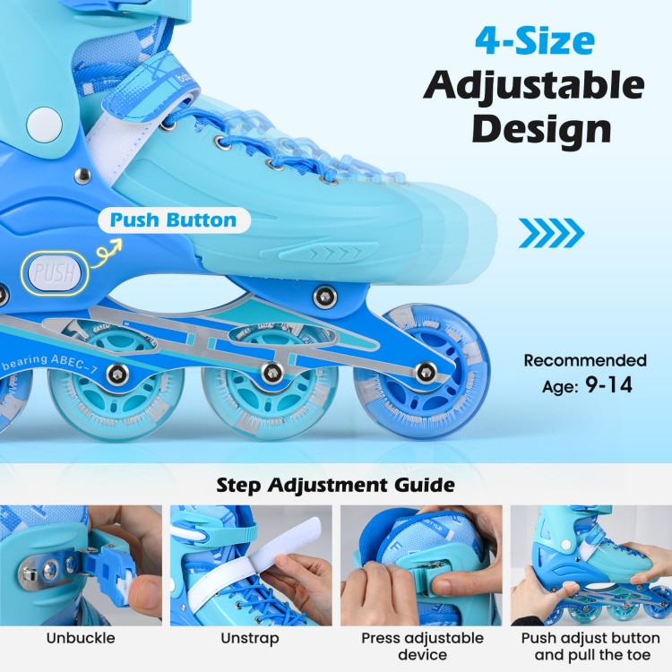 Adjustable blue inline skates for kids ages 9-14 with light-up wheels and secure fit for improved balance and.